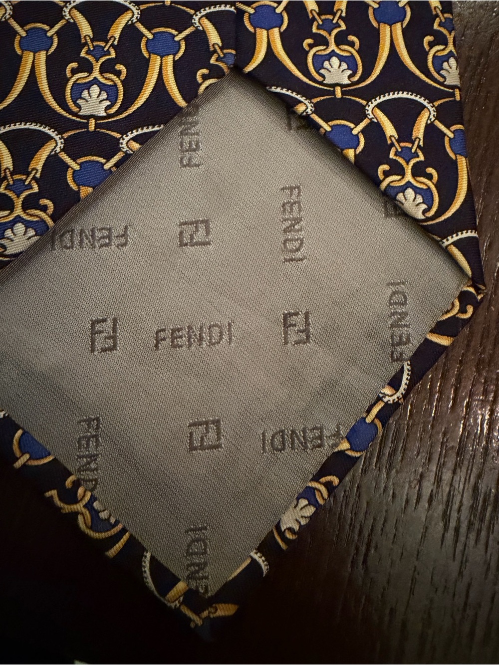 Fendi Navy Blue & Gold Silk Necklace Tie with Royal Blue Accents